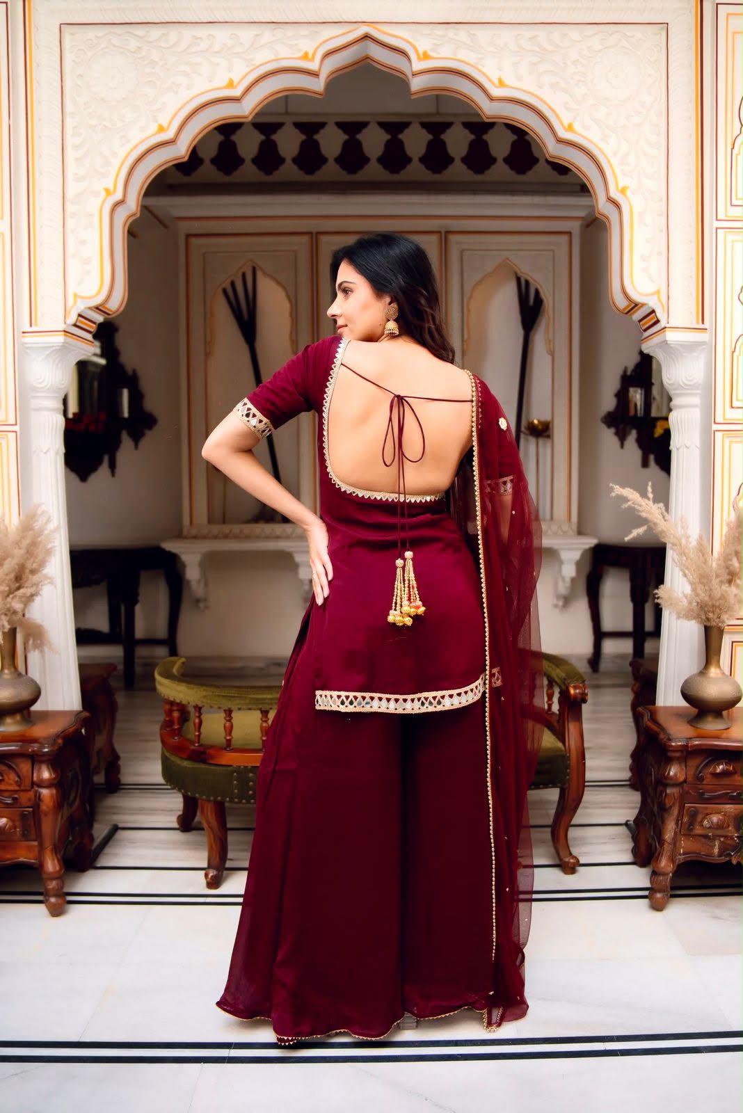 Maroon Mirror-Work Kurta Palazzo Set -(5250)