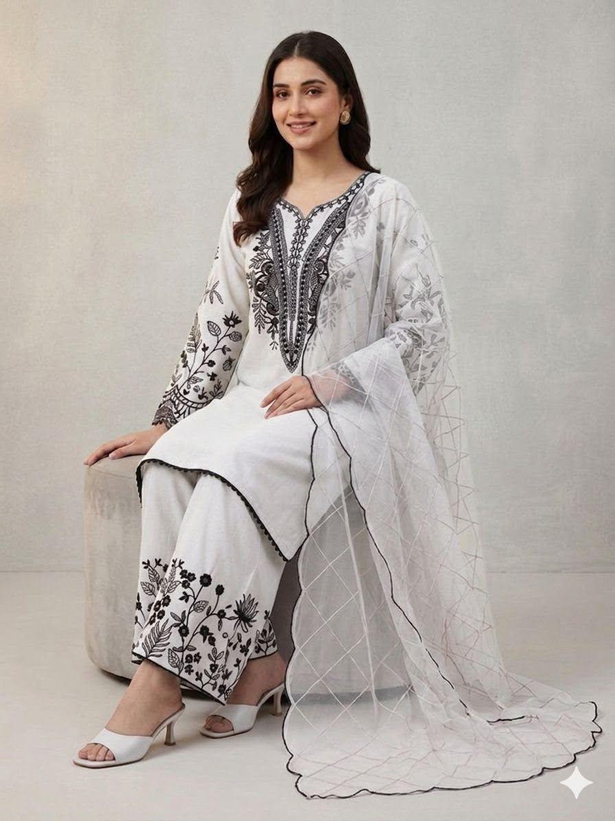 The Ivory & Onyx Palazzo Set:White-(2101)