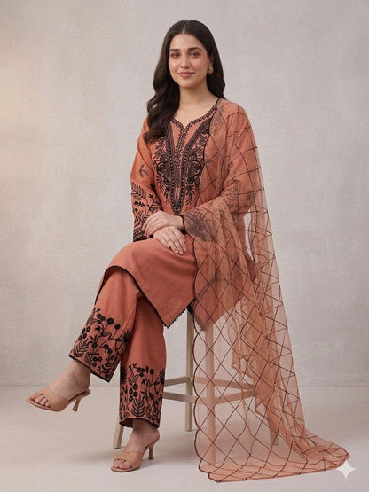 Peach Embroidered Plazzo Set :-Light Orange (2101)