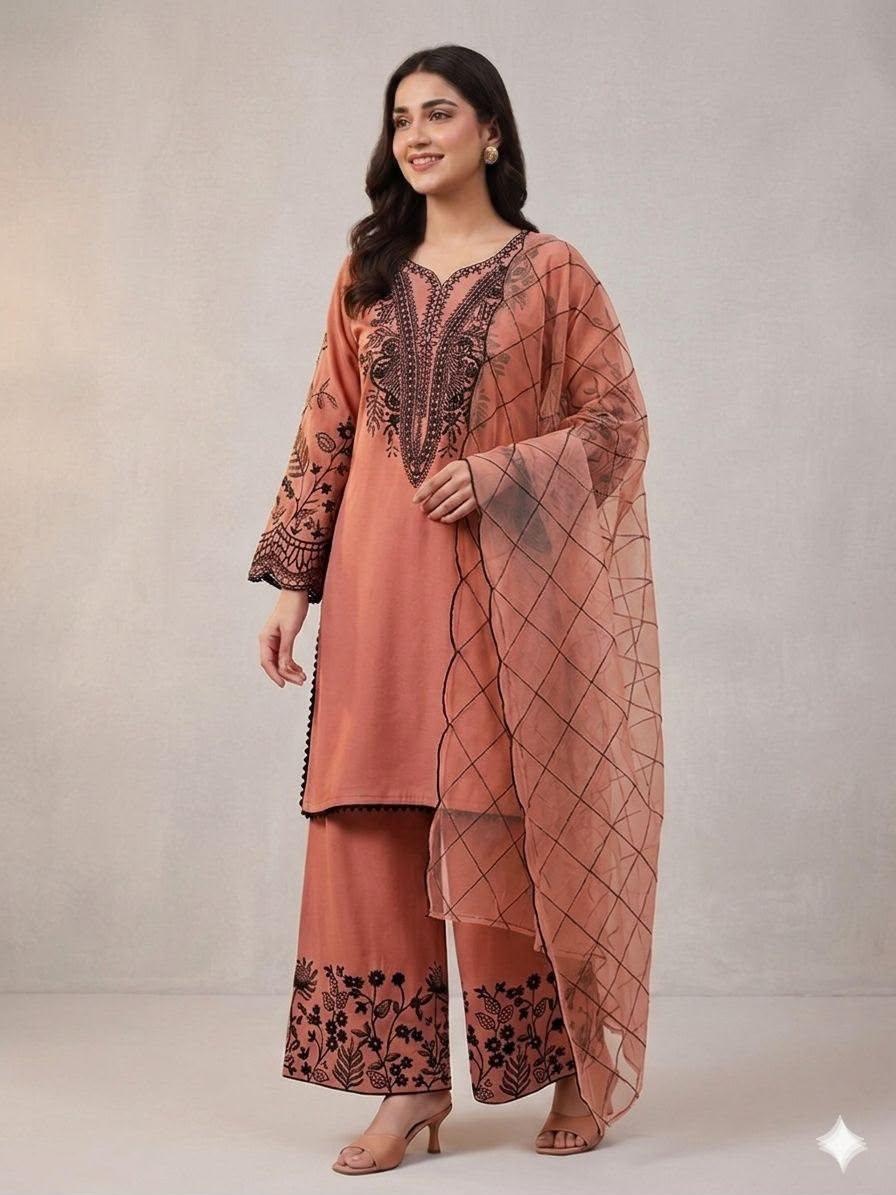 Peach Embroidered Plazzo Set :-Light Orange (2101)