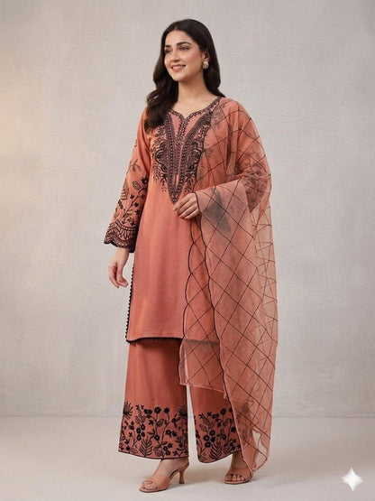 Peach Embroidered Plazzo Set :-Light Orange (2101)