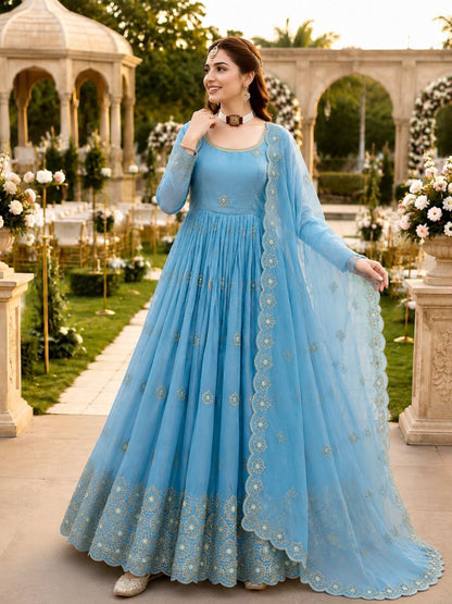 New Designer Party Gown Pent & Dupatta Set (Sky Blue )-10018