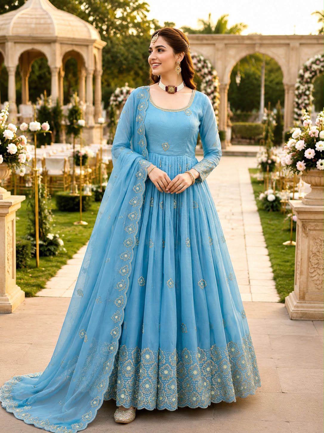 New Designer Party Gown Pent & Dupatta Set (Sky Blue )-10018