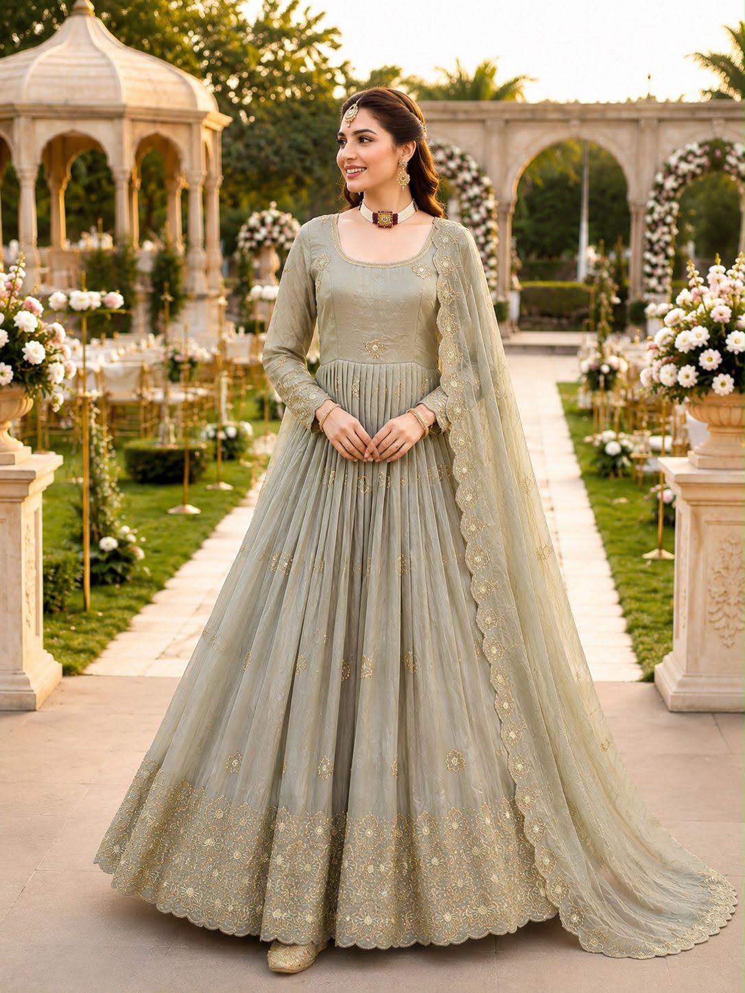 New Designer Party Gown Pent & Dupatta Set (olive green)-10018