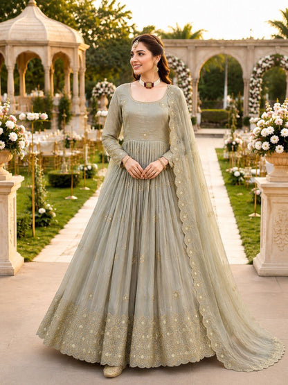 New Designer Party Gown Pent & Dupatta Set (olive green)-10018