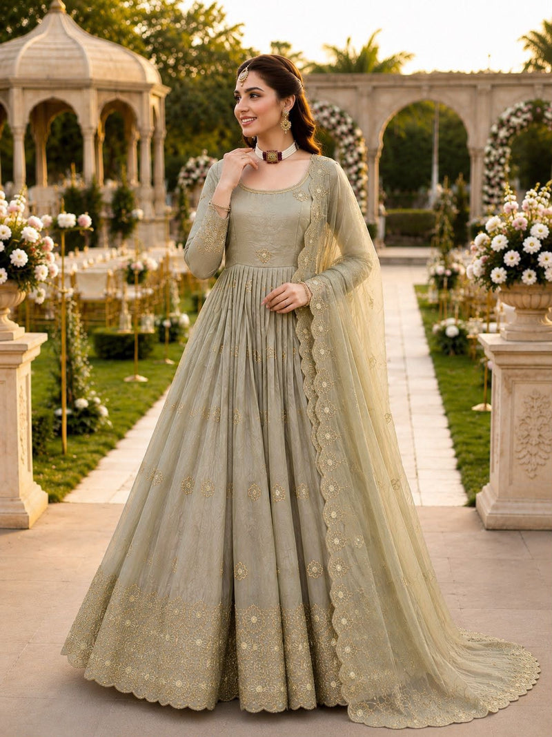 New Designer Party Gown Pent & Dupatta Set (olive green)-10018