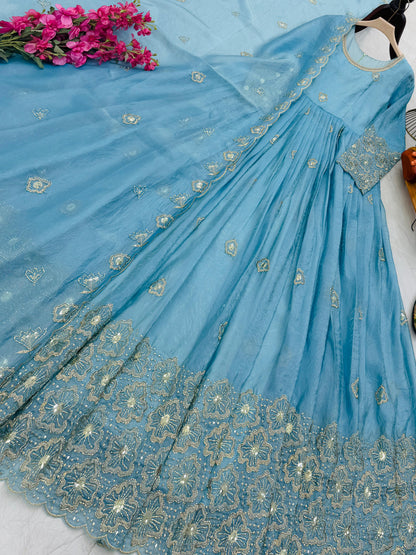 New Designer Party Gown Pent & Dupatta Set (Sky Blue )-10018