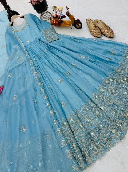 New Designer Party Gown Pent & Dupatta Set (Sky Blue )-10018