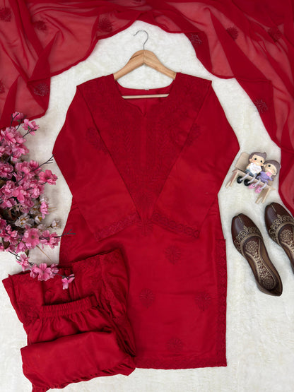 Red Chikankari Sharara kurti Set -(1476)