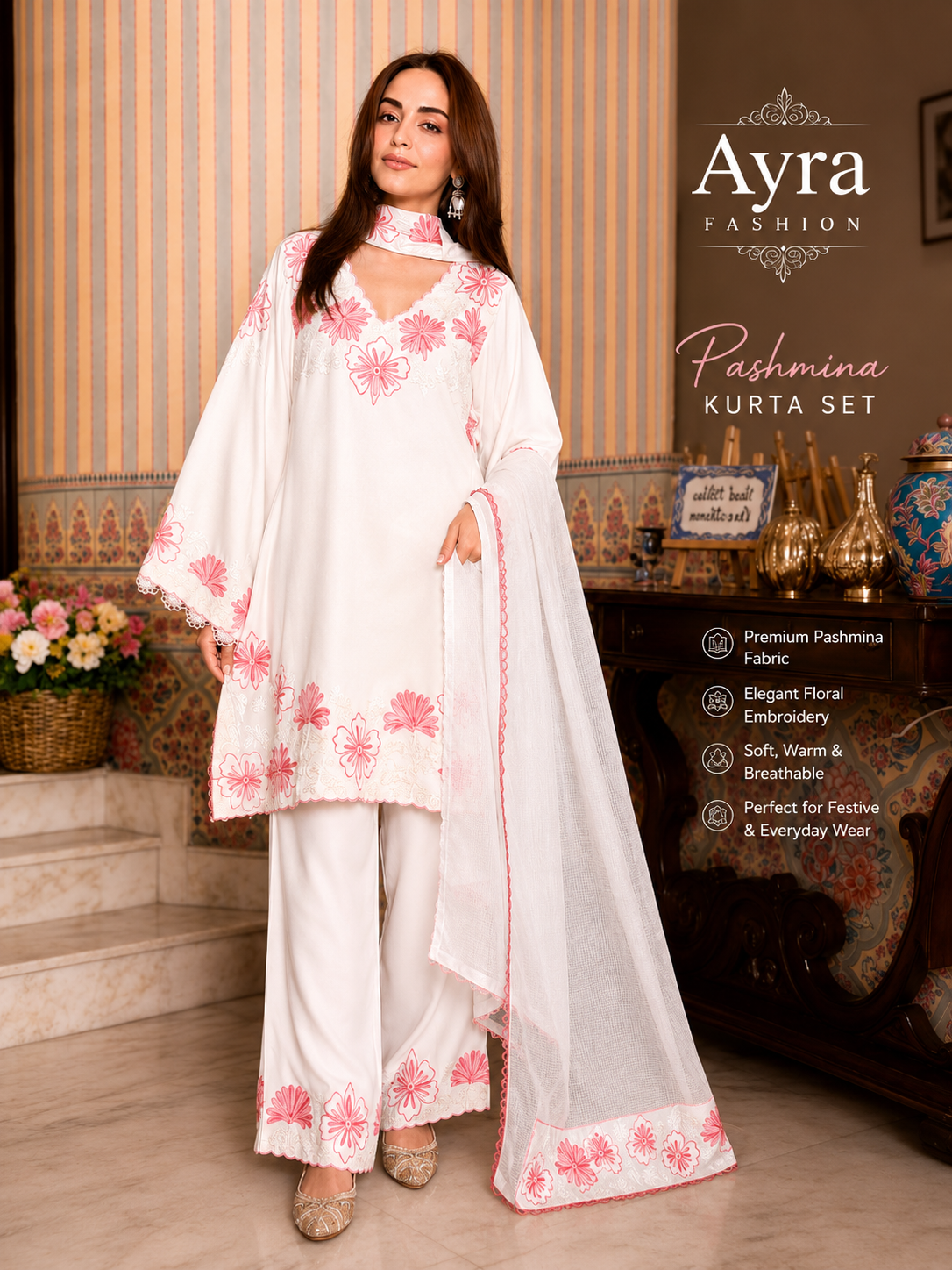 Ayra Special Pashmina Kurta Set-White (AD-235)