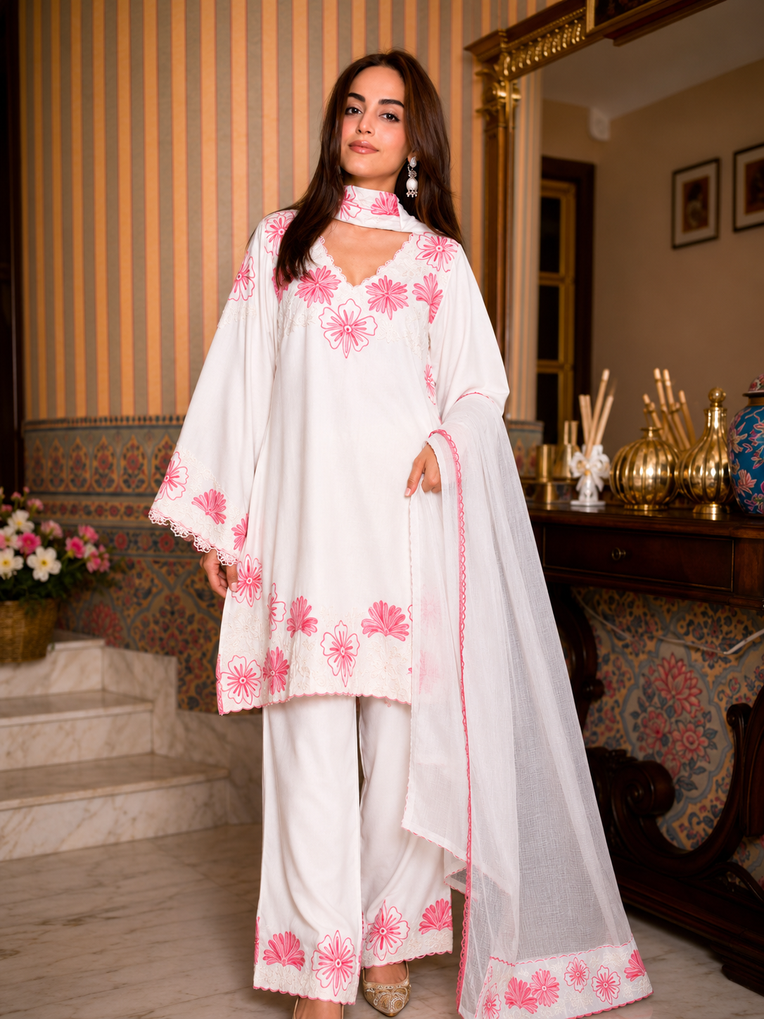 Ayra Special Pashmina Kurta Set-White (AD-235)