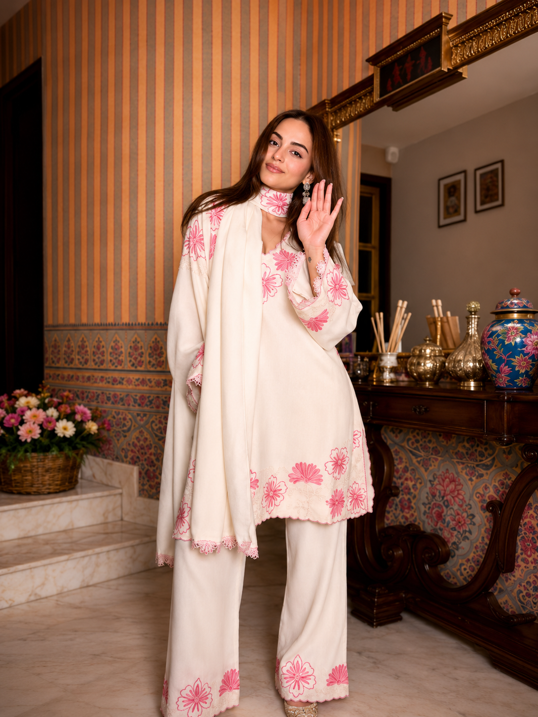 Ayra Special Pashmina Kurta Set-White (AD-235)
