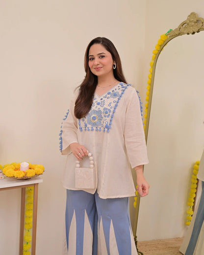 Ivory Blue Floral Embroidered Cotton Sharara Set