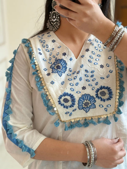 Ivory Blue Floral Embroidered Cotton Sharara Set