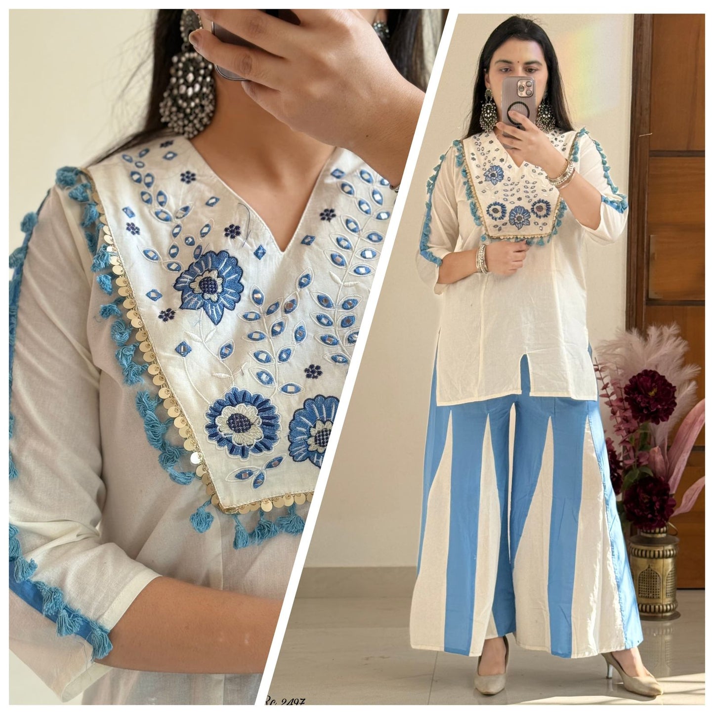 Ivory Blue Floral Embroidered Cotton Sharara Set