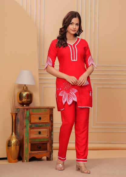 Red Bloom Embroidered Cotton Co-ord Set
