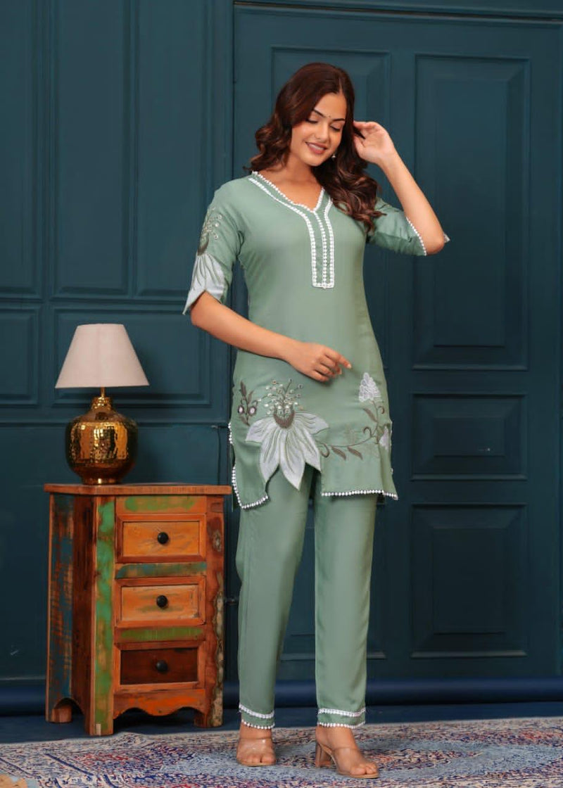 Sage Green Bloom Embroidered Cotton Co-ord Set