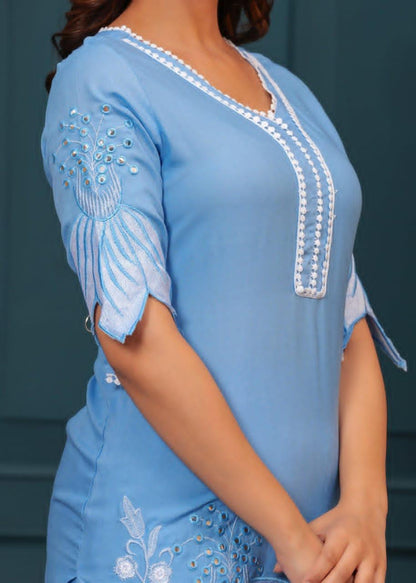 Sky Blue Bloom Embroidered Cotton Co-ord Set