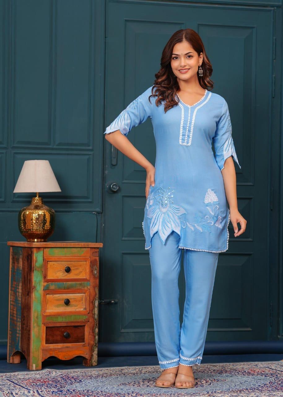 Sky Blue Bloom Embroidered Cotton Co-ord Set