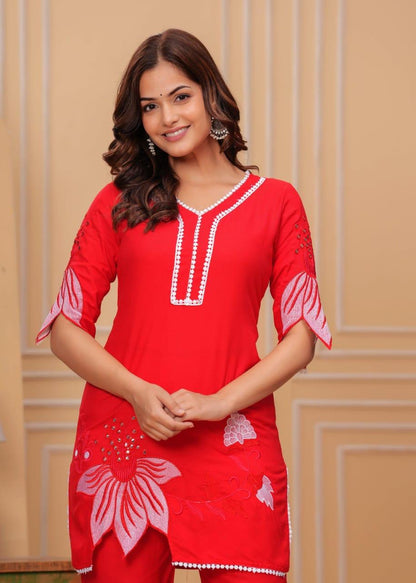 Red Bloom Embroidered Cotton Co-ord Set
