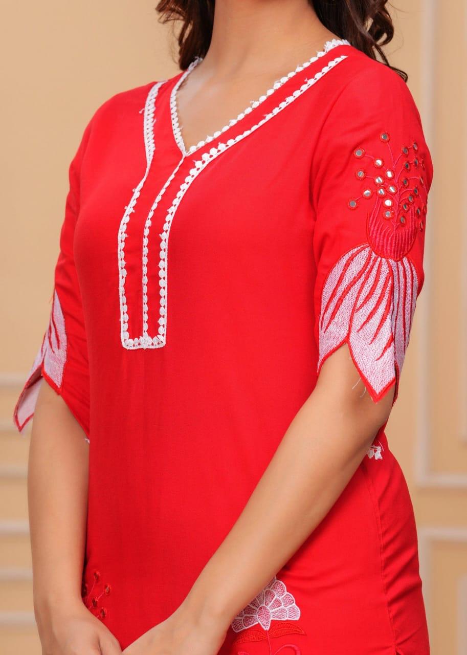 Red Bloom Embroidered Cotton Co-ord Set