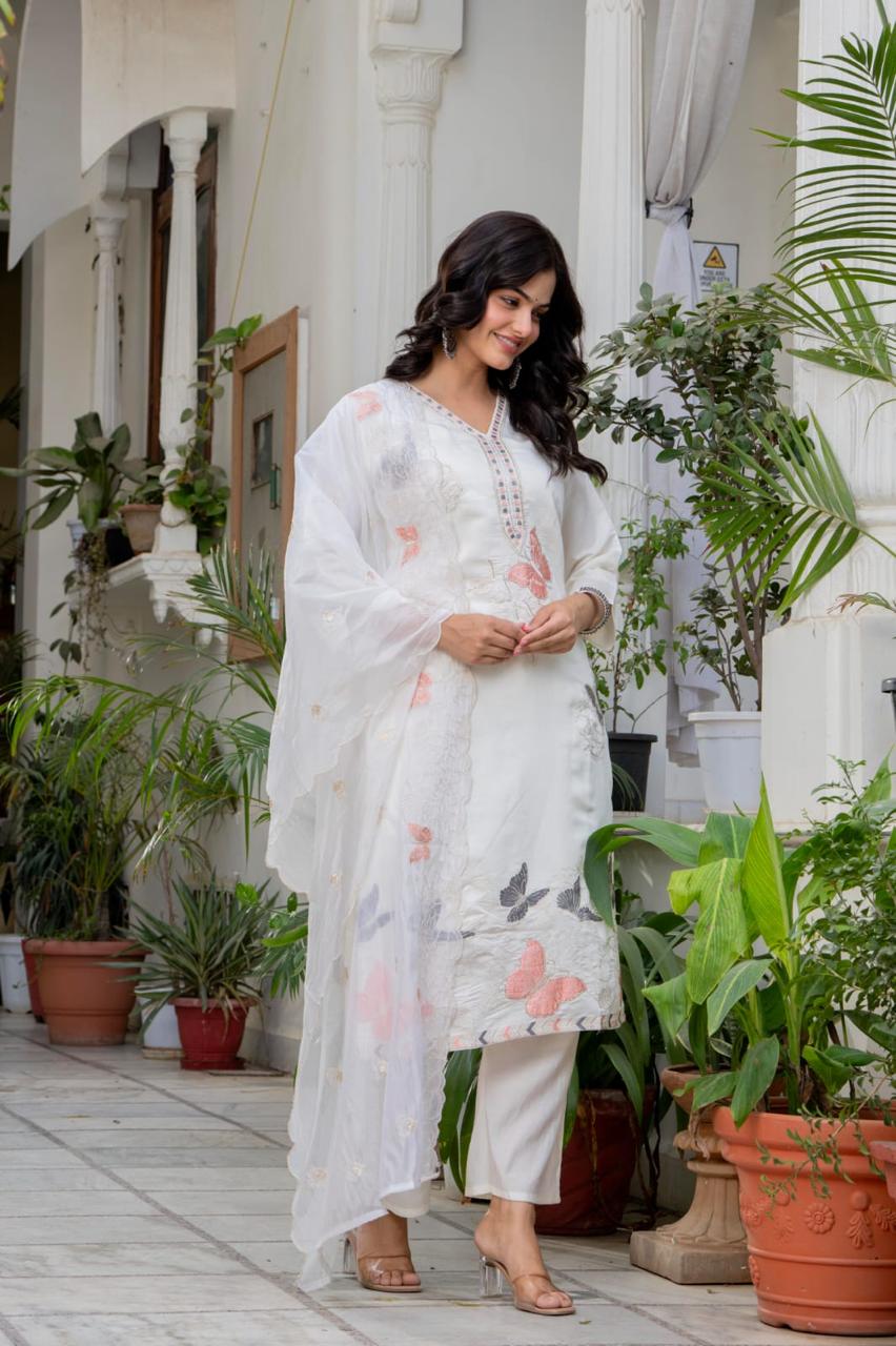 “Ivory Butterfly Embroidered Suit Set”
