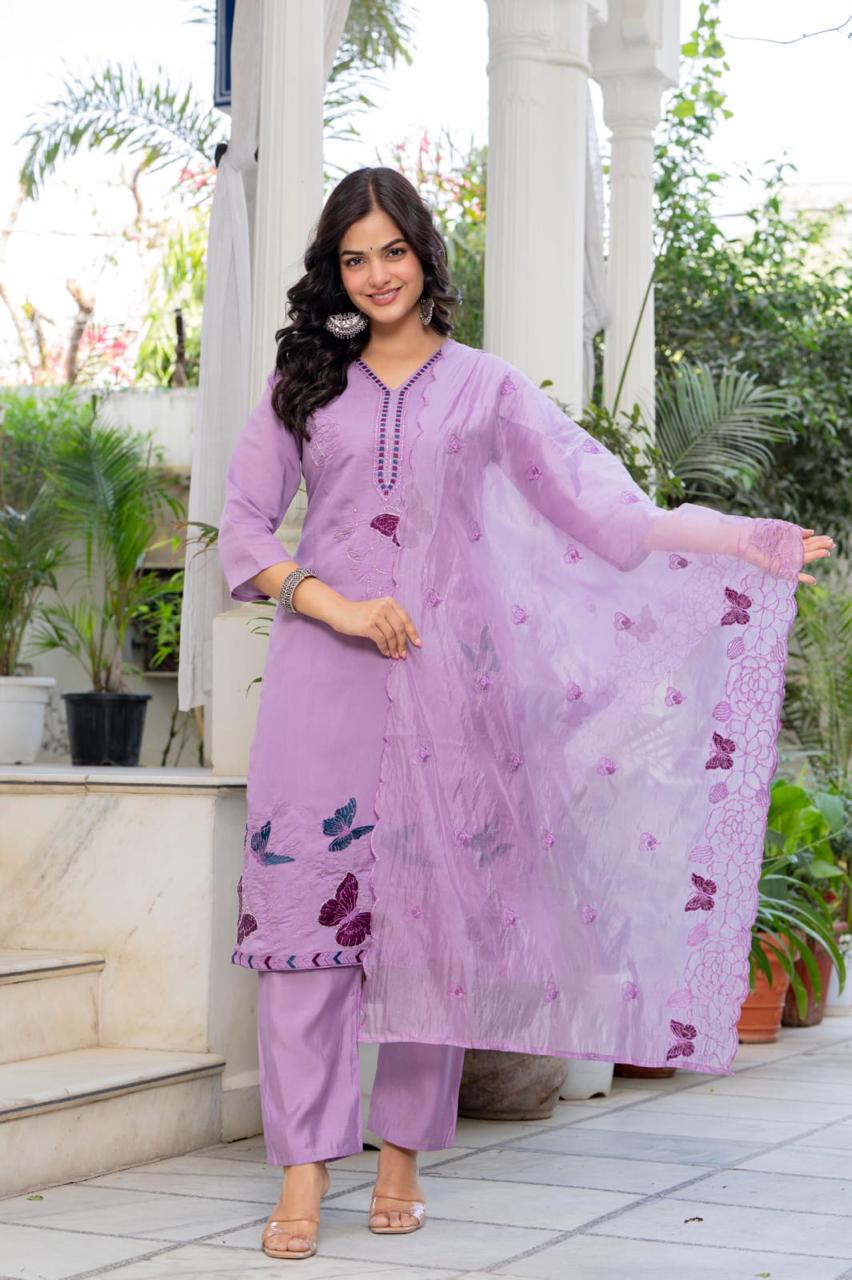 “Lavender Butterfly Embroidered Suit Set”