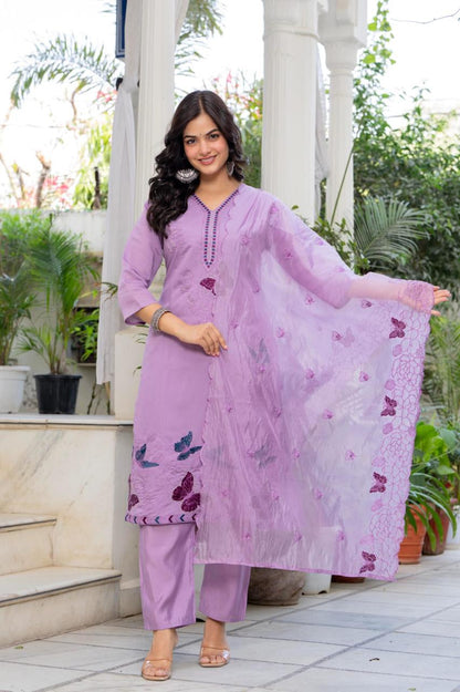 “Lavender Butterfly Embroidered Suit Set”