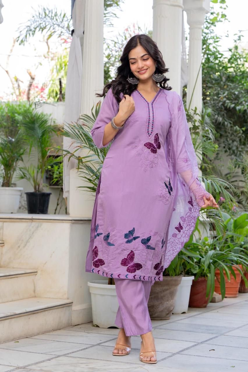 “Lavender Butterfly Embroidered Suit Set”