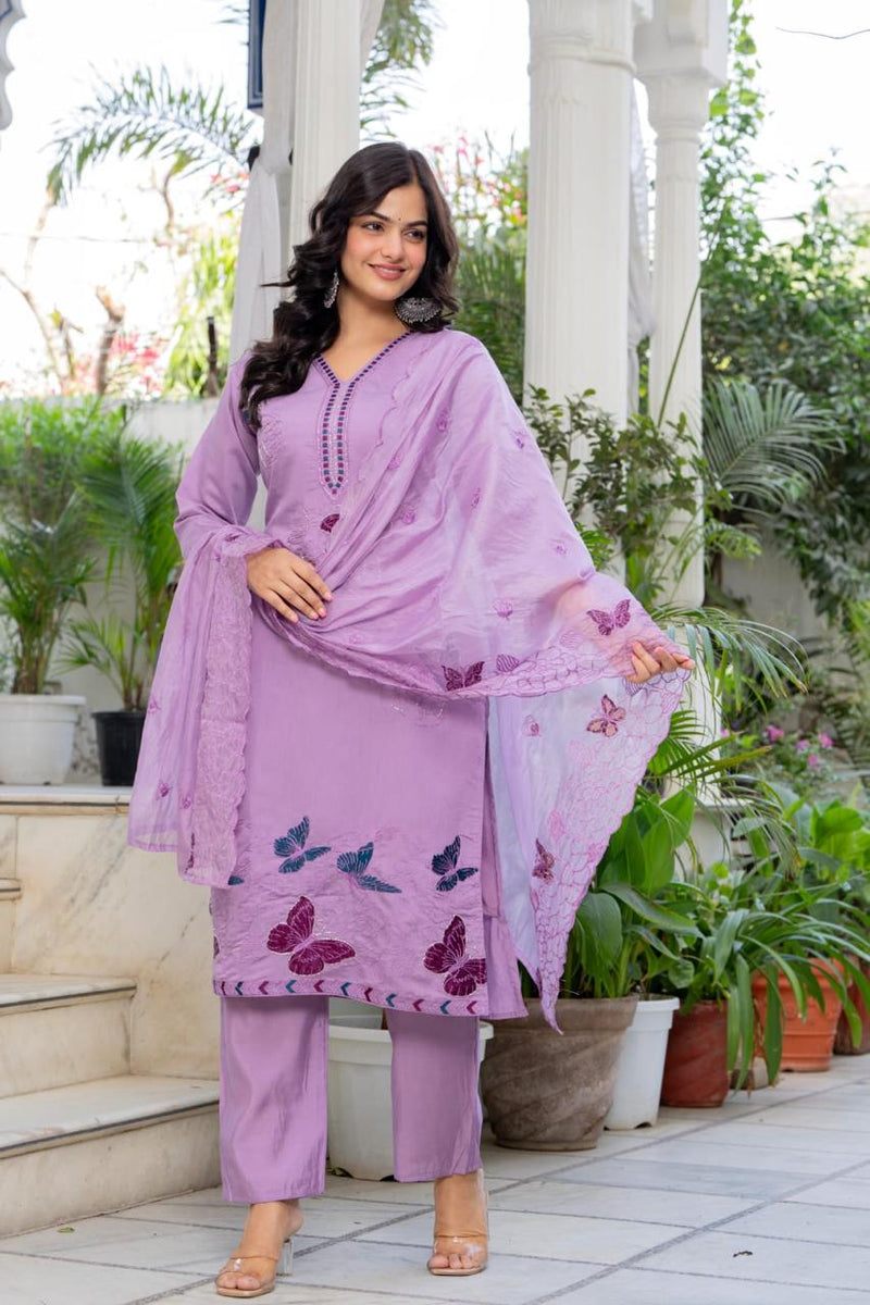 “Lavender Butterfly Embroidered Suit Set”
