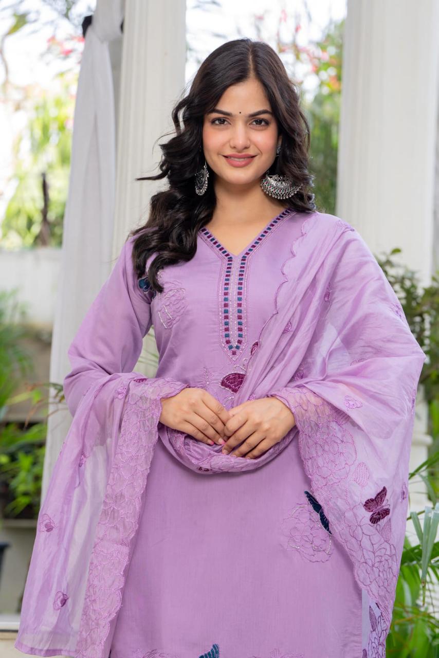 “Lavender Butterfly Embroidered Suit Set”