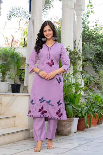 “Lavender Butterfly Embroidered Suit Set”