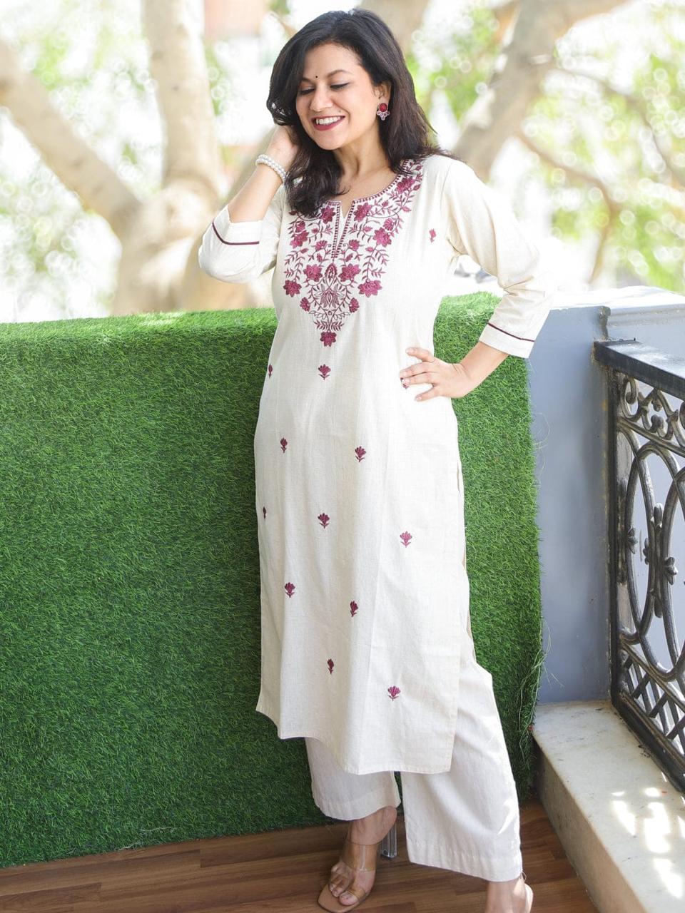 Ivory Gulbahar Cotton Embroidered Kurta Set