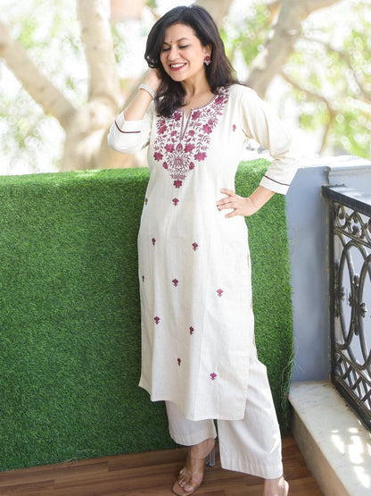Ivory Gulbahar Cotton Embroidered Kurta Set