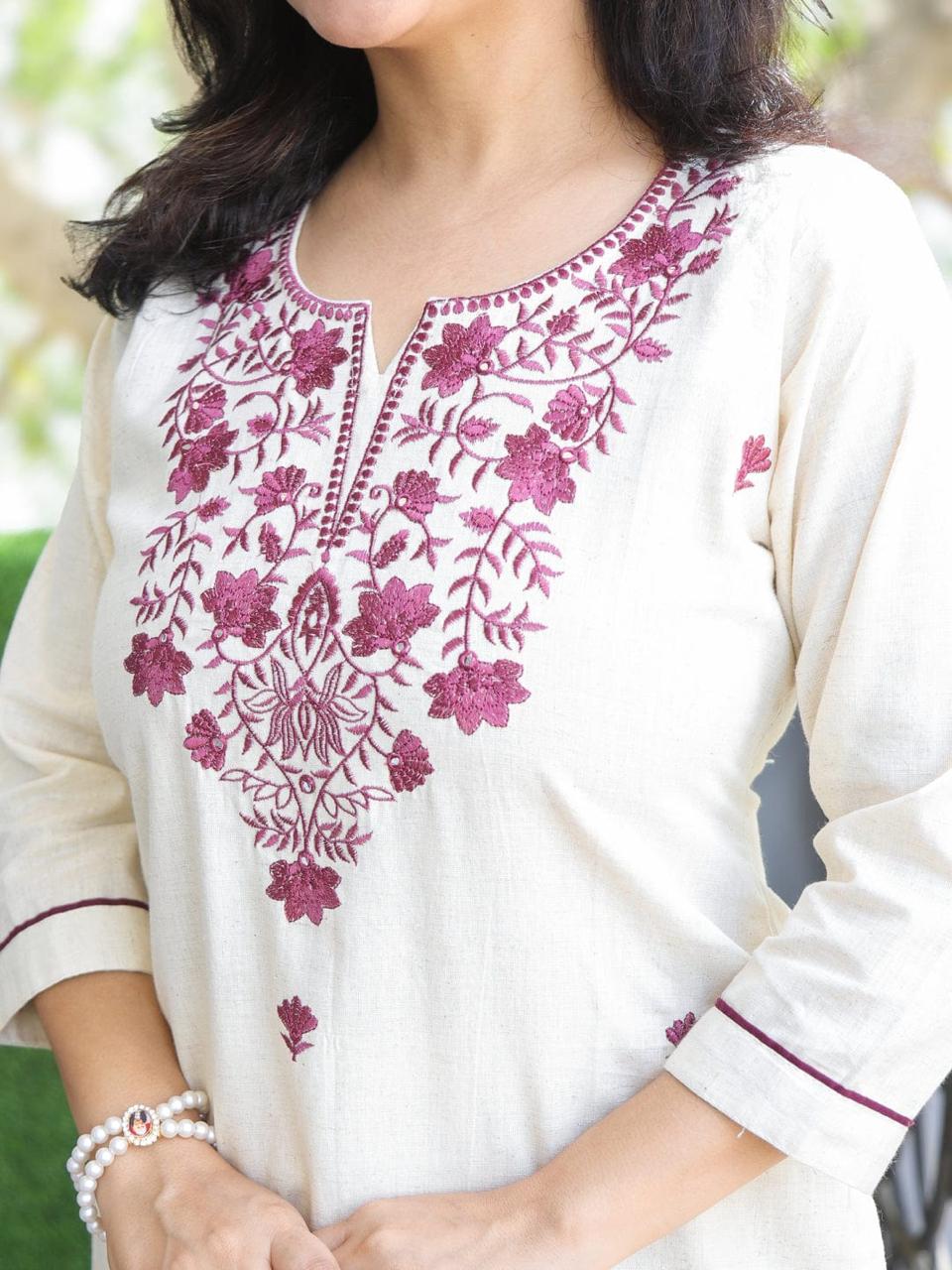 Ivory Gulbahar Cotton Embroidered Kurta Set