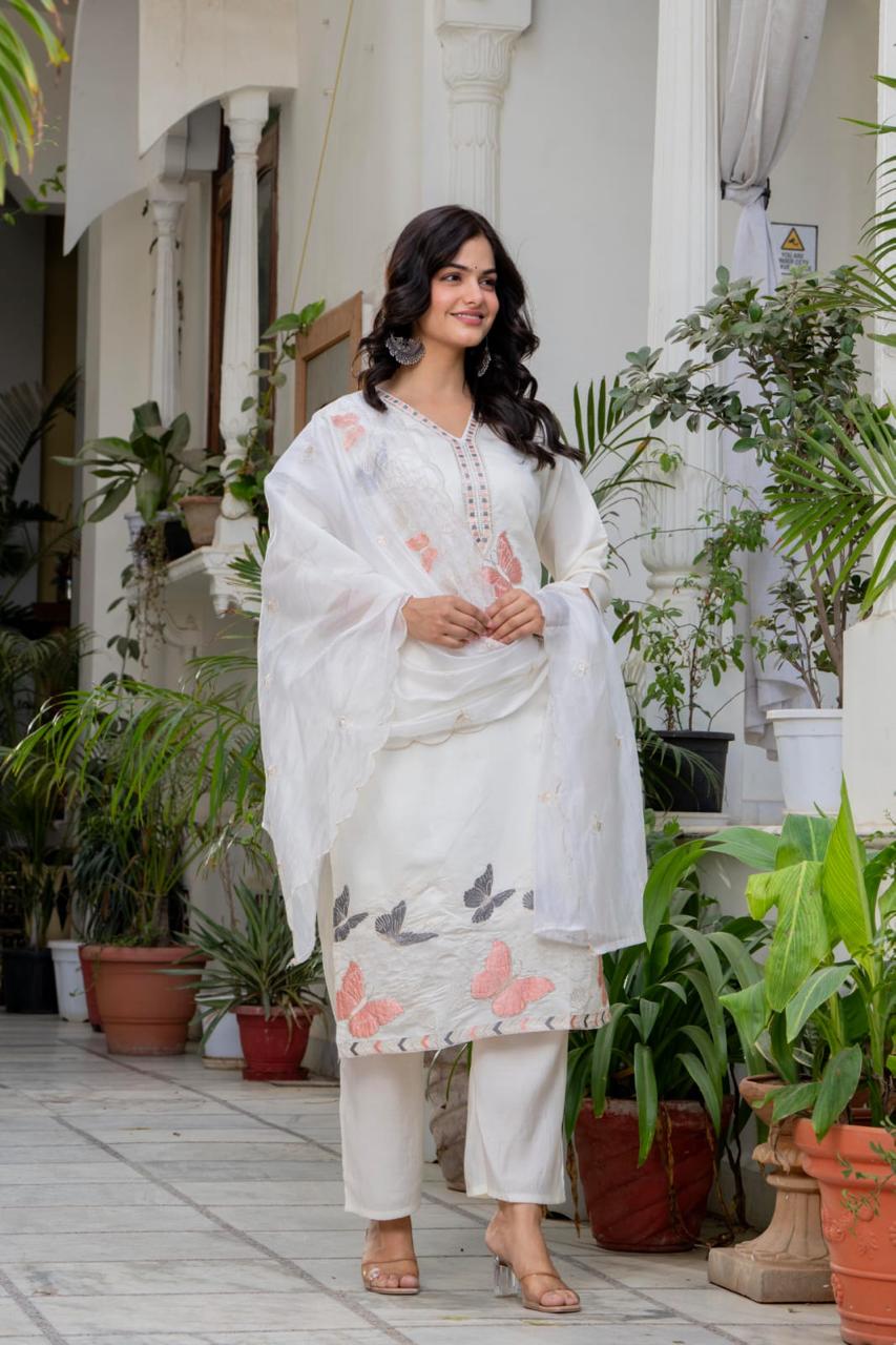 “Ivory Butterfly Embroidered Suit Set”
