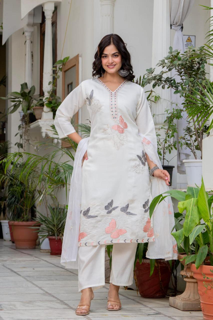 “Ivory Butterfly Embroidered Suit Set”