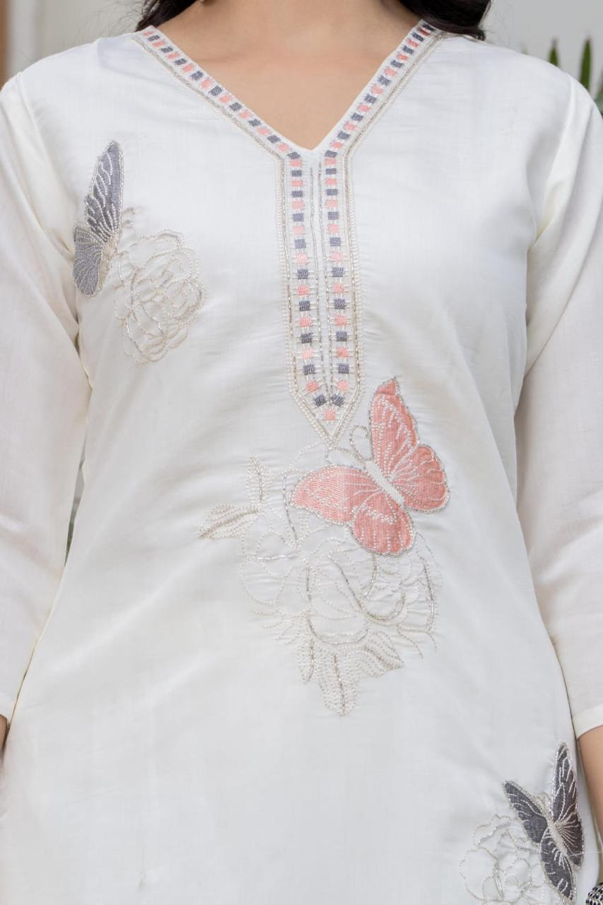 “Ivory Butterfly Embroidered Suit Set”