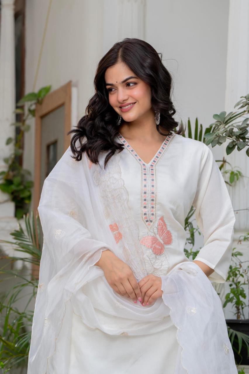 “Ivory Butterfly Embroidered Suit Set”