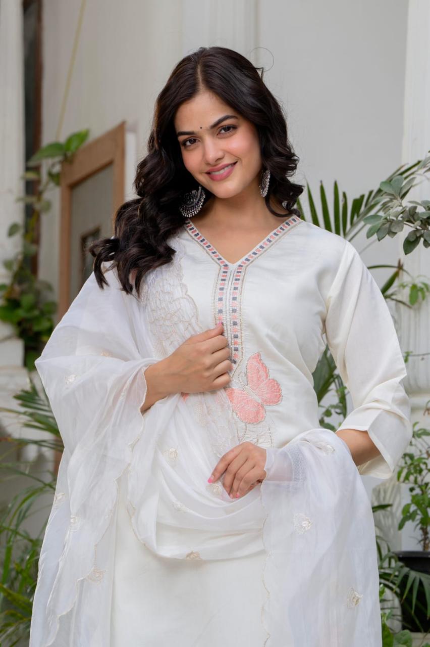 “Ivory Butterfly Embroidered Suit Set”