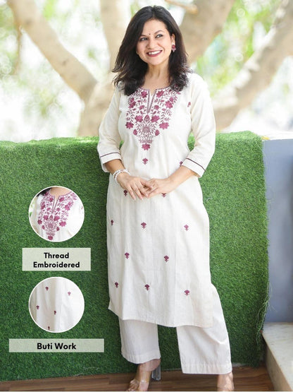 Ivory Gulbahar Cotton Embroidered Kurta Set