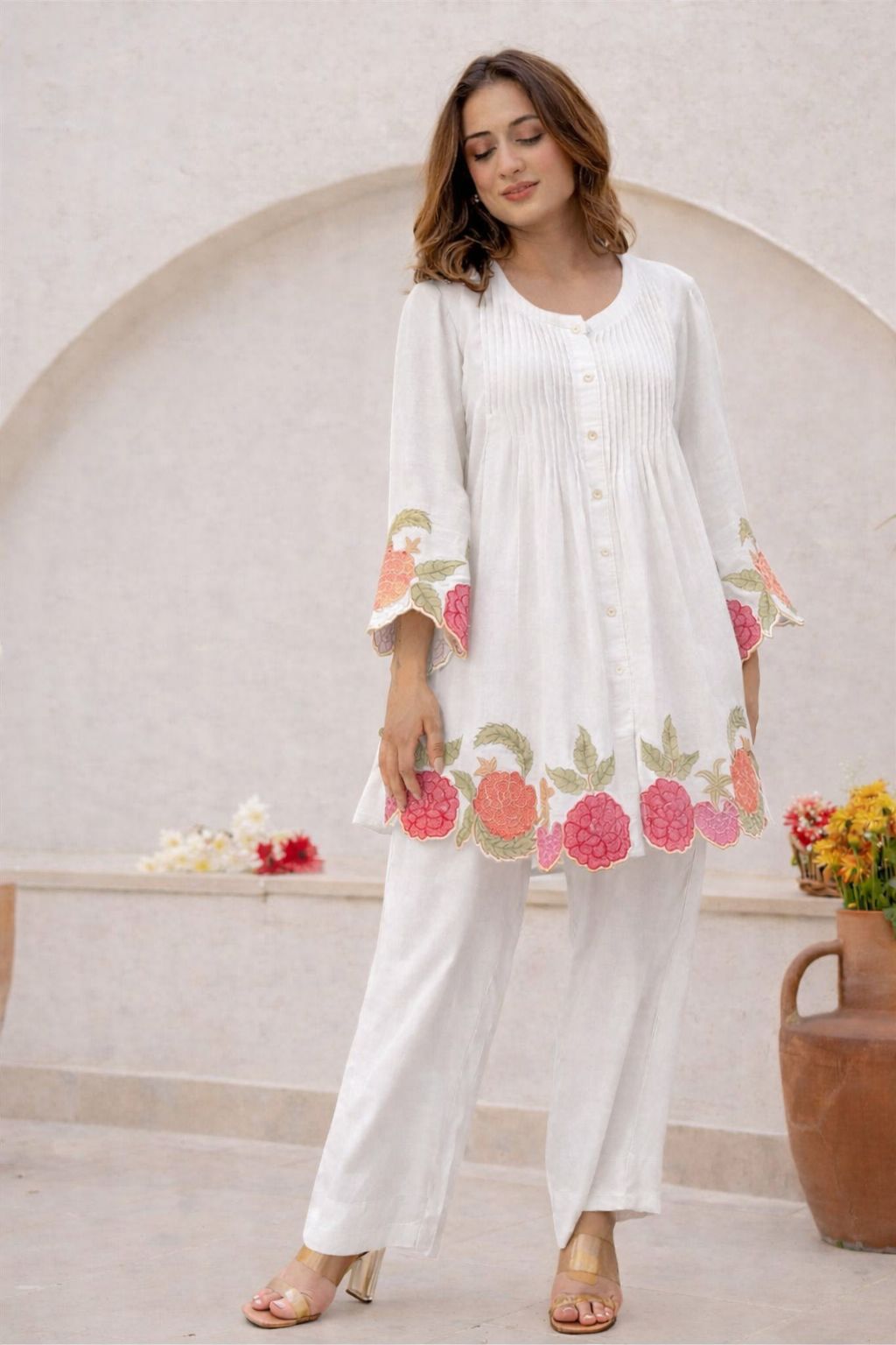 Ivory Rosé Cotton Embroidered Co-ord Set