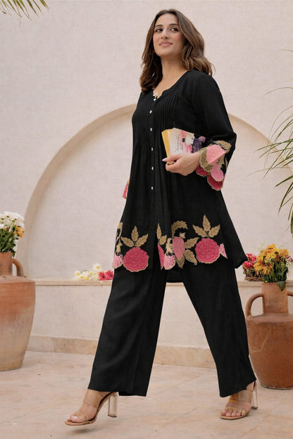 Black Rosé Cotton Embroidered Co-ord Set