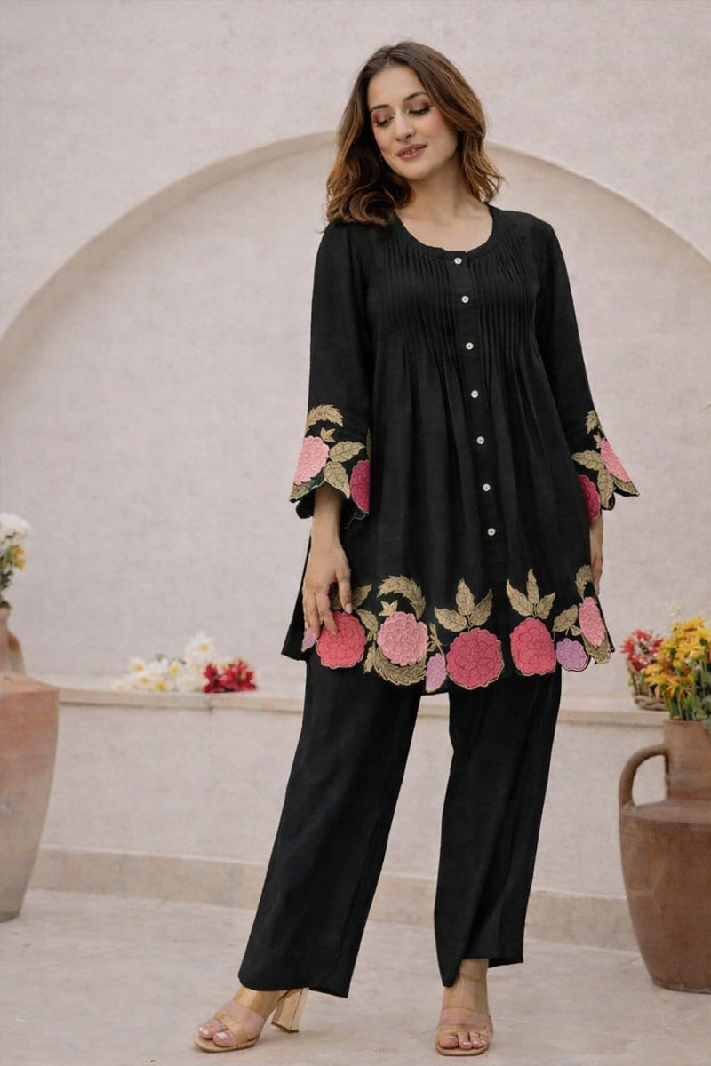 Black Rosé Cotton Embroidered Co-ord Set