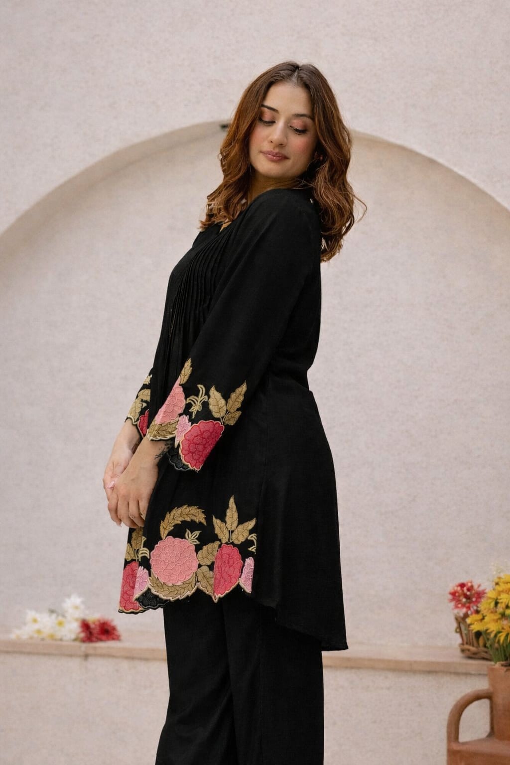 Black Rosé Cotton Embroidered Co-ord Set