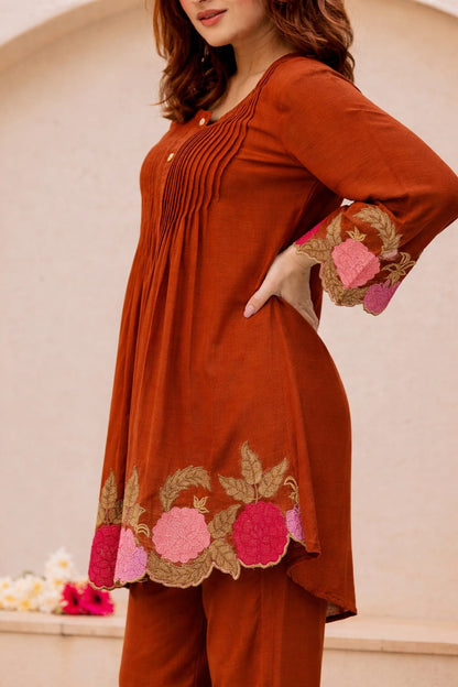 Rust Rosé Cotton Embroidered Co-ord Set