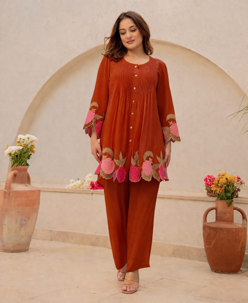 Rust Rosé Cotton Embroidered Co-ord Set