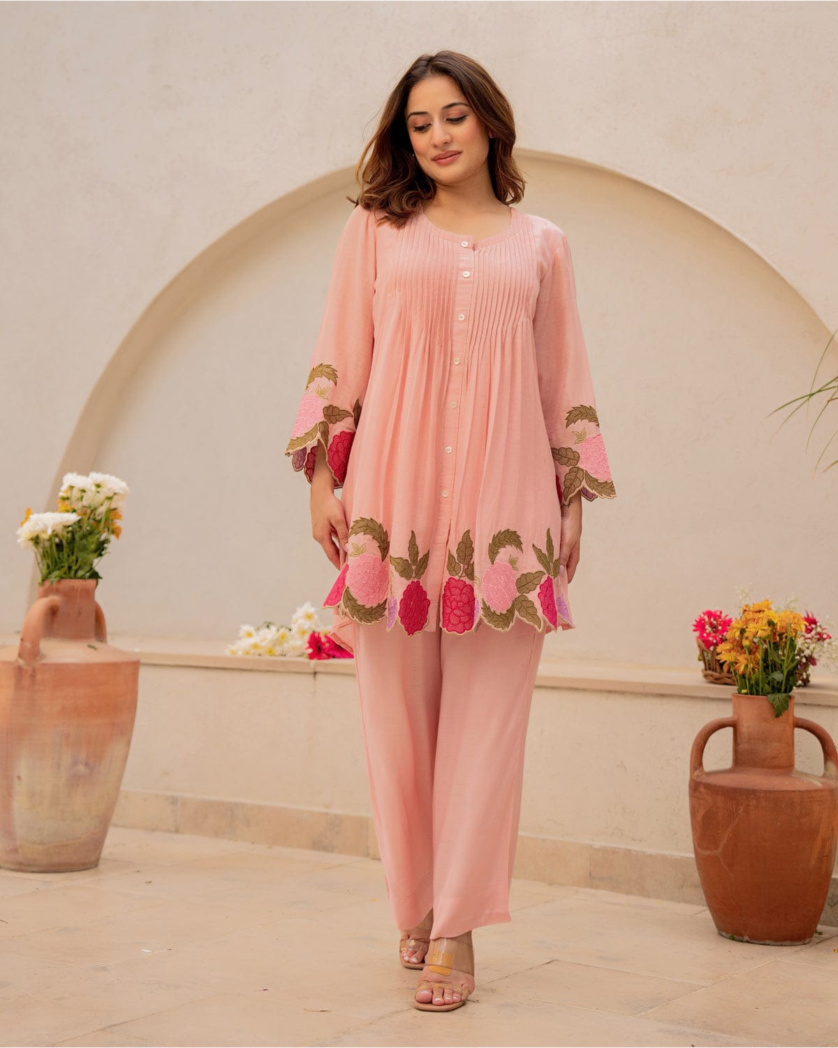 Peach Rosé Cotton Embroidered Co-ord Set