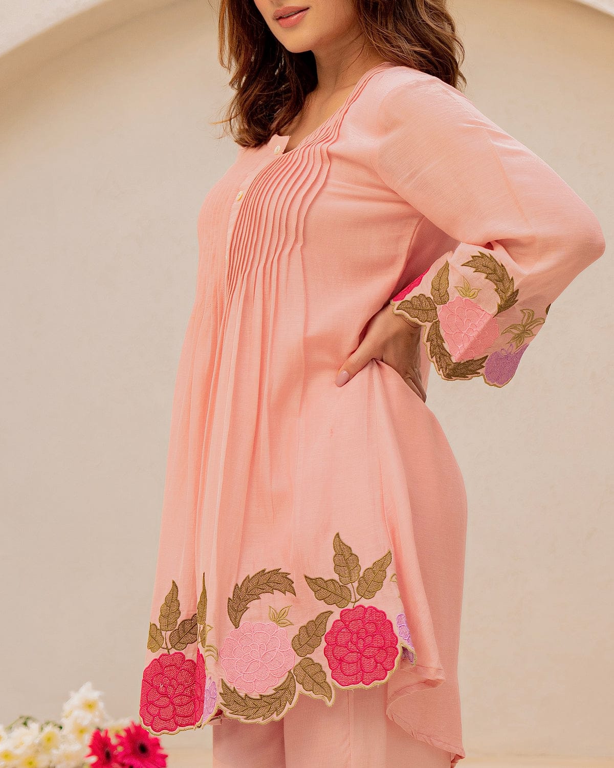 Peach Rosé Cotton Embroidered Co-ord Set