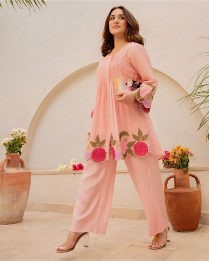 Peach Rosé Cotton Embroidered Co-ord Set